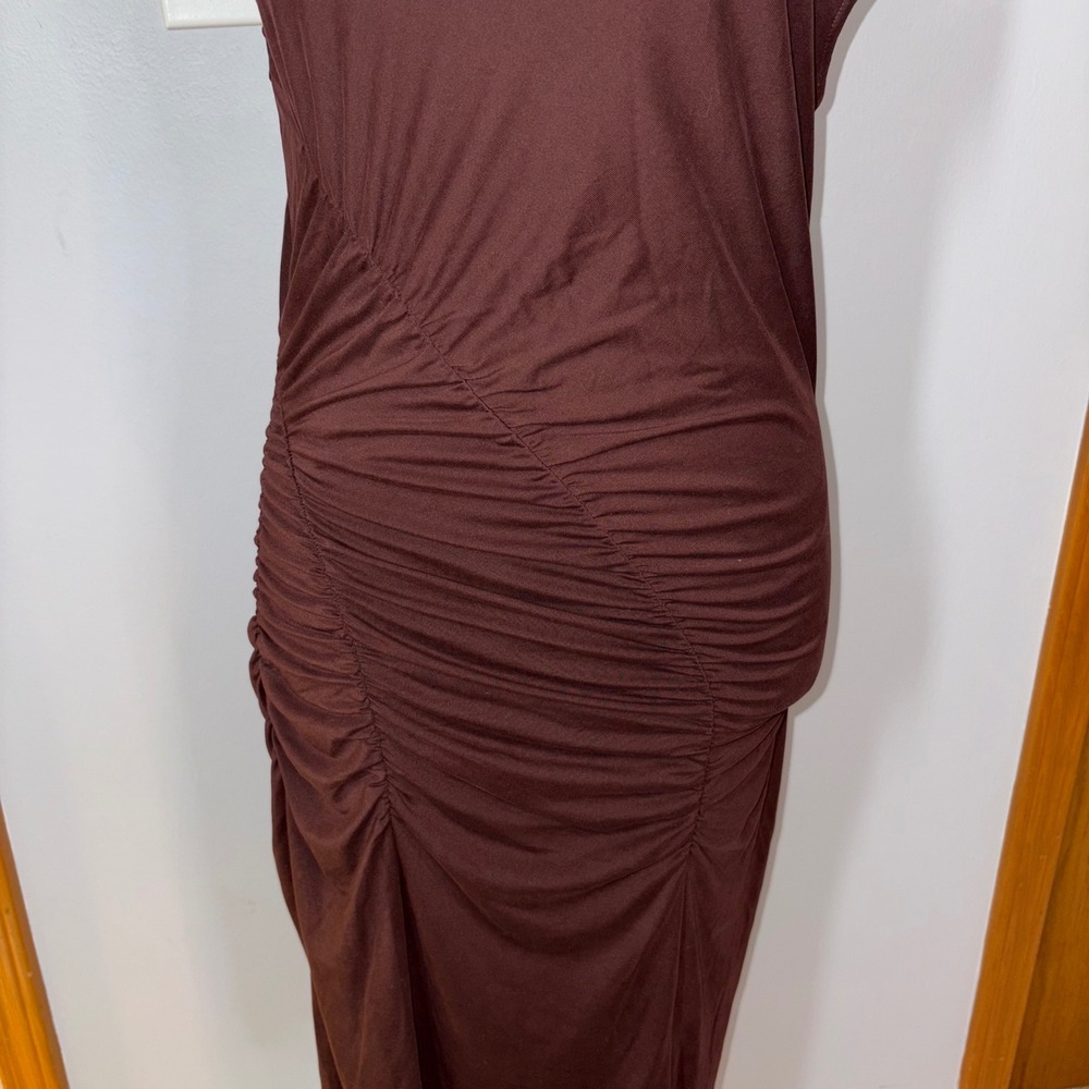 Anthropologie Ruched Mock Neck Knit Dress Cocoa Plum Fitted Sleeveless Bodycon - Picture 5 of 11